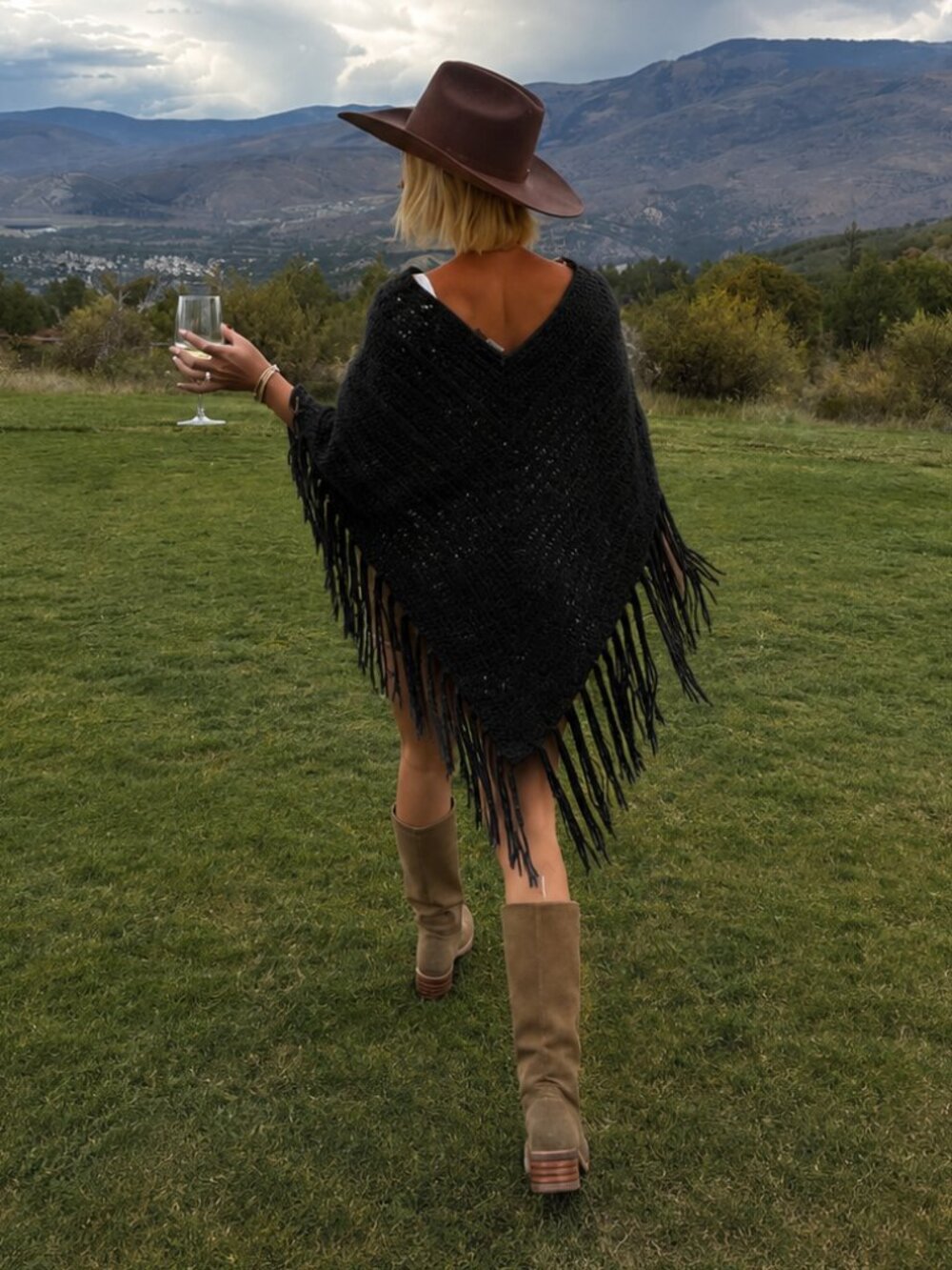 Black Knit Poncho Fringe Oversized Long Scarf Cape (t)